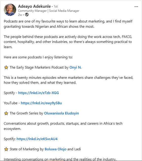 LinkedIn post recommending the Growth Series among favourite marketing podcasts